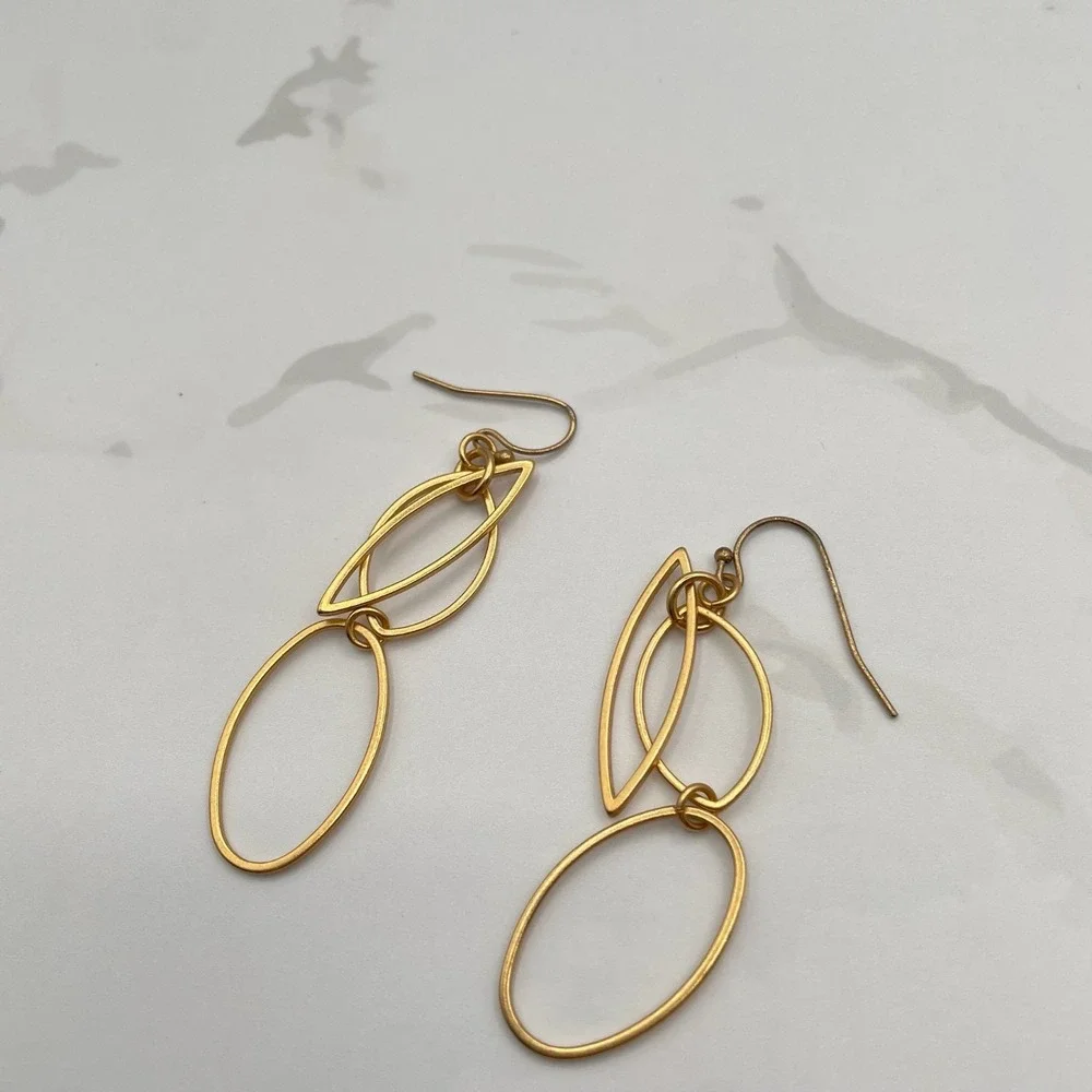 Vintage Gold Tone Geometric Marquise Link Dangle Drop Earrings Oval For‎ Women